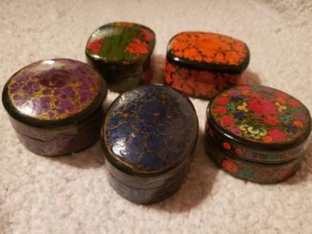 Hand painted vintage lacquered paper mache trinket boxes