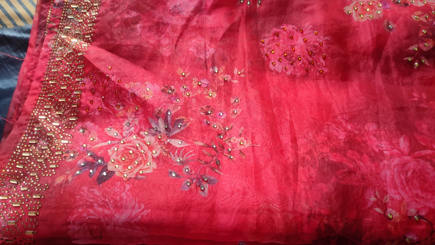 Red Floral Saree with Embellished Border - photo 3