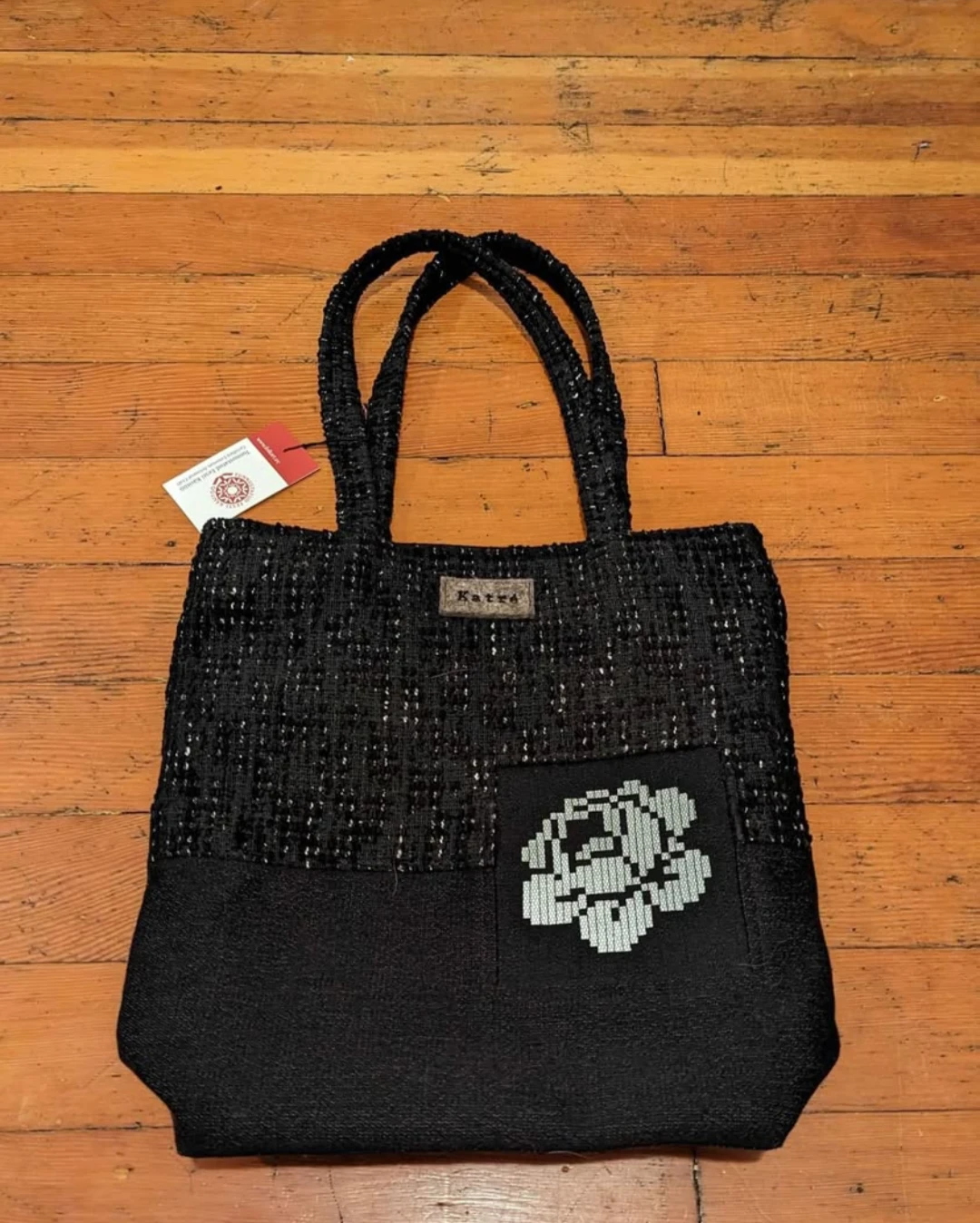 Katre Black Tote Bag with Floral Accent