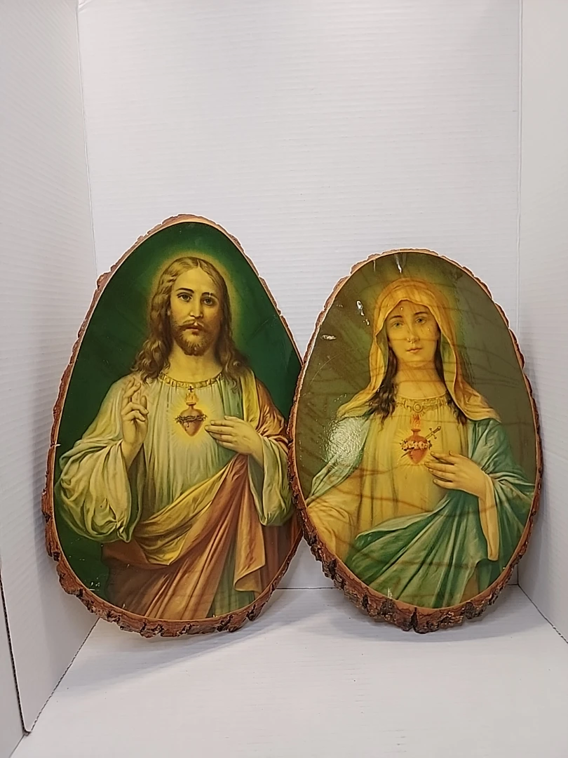 Jesus & Mary Vintage Prints on Live Edge Wood Slabs 17" Tall USA