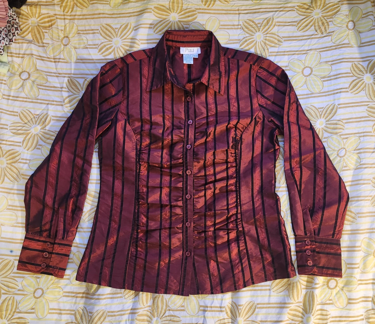 Red and black pinstripe blouse