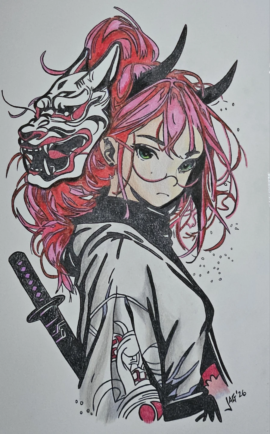 Hand-drawn Anime Art Print with Oni Mask and Katana