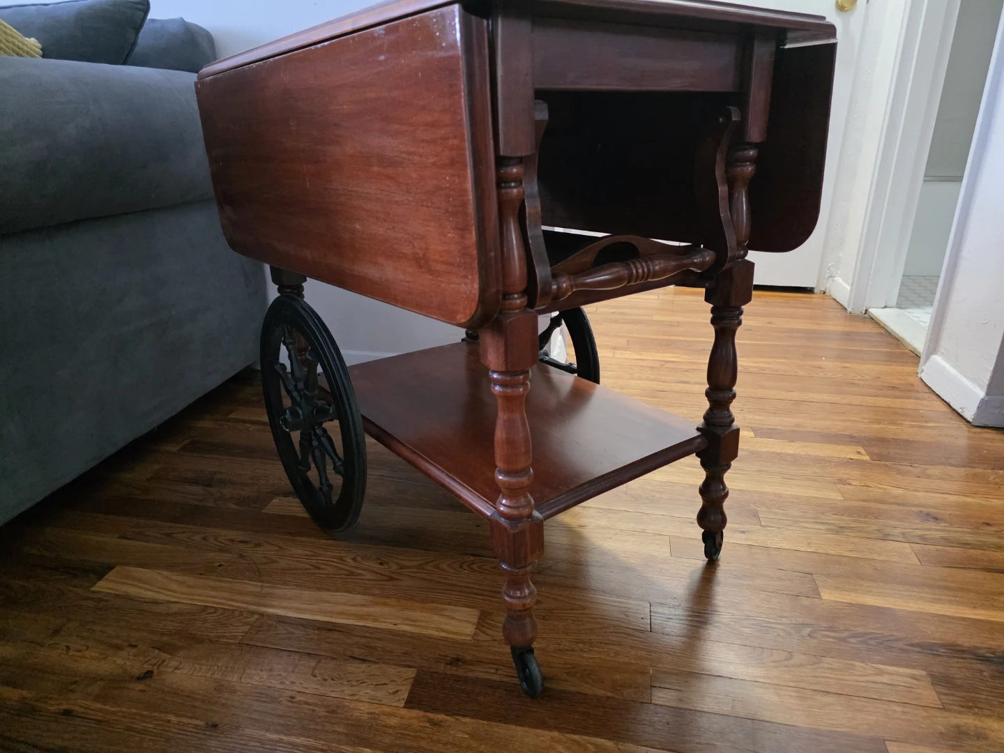 Vintage Drop Leaf Wood Tea Cart with Wheels - photo 2