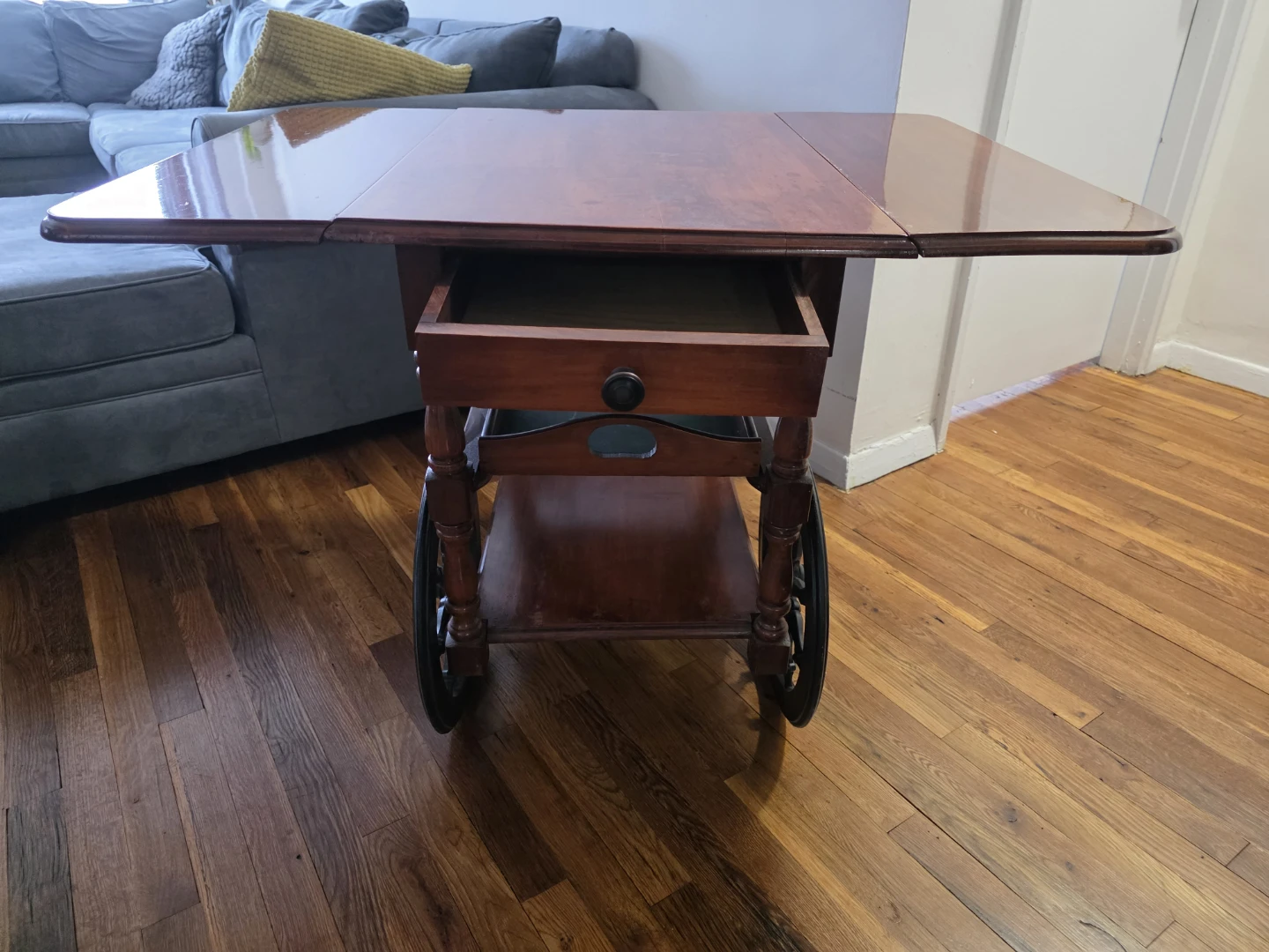 Vintage Drop Leaf Wood Tea Cart with Wheels - photo 3