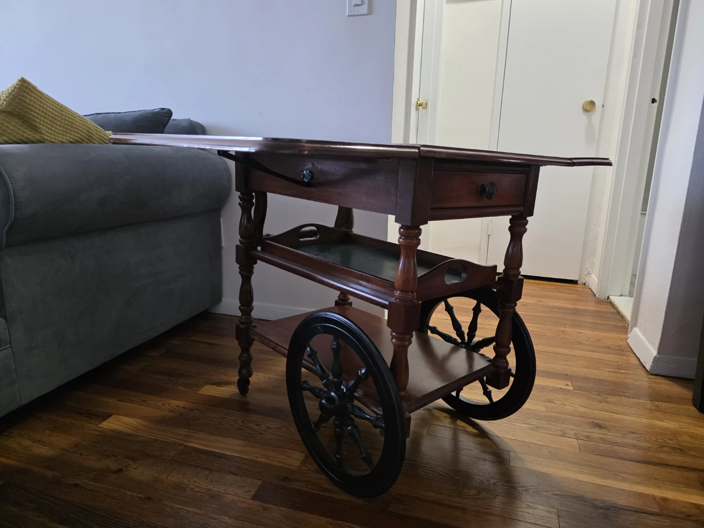 Vintage Drop Leaf Wood Tea Cart with Wheels - photo 4