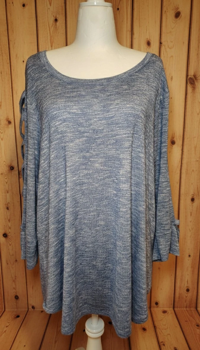 Terra & Sky Blue Marled Sleeve Tie Knit Top 3X