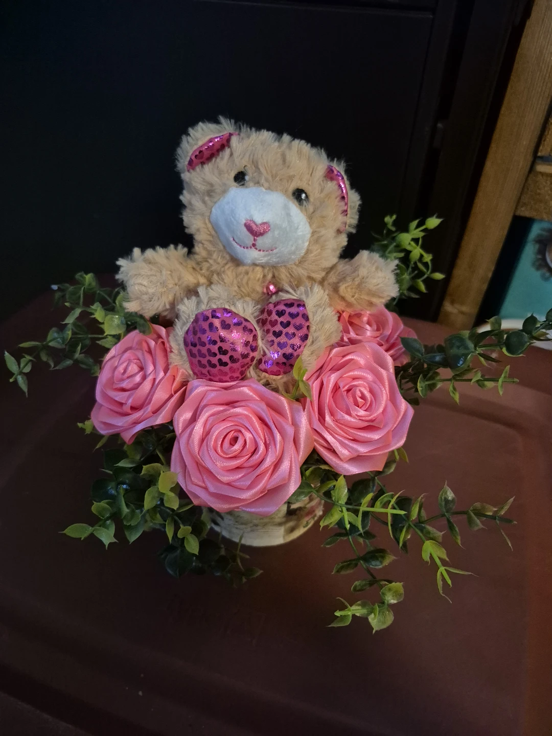 Plush Teddy Bear with Pink Roses Arrangement