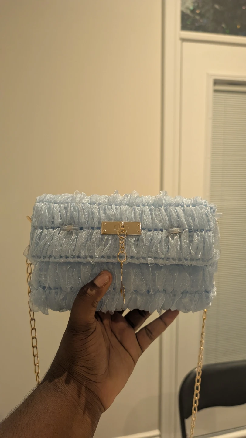 Light Blue Ruffle Clutch Purse with Gold Chain