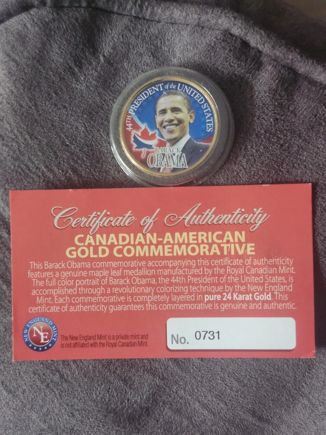 Barack Obama Canadian-American Gold Commemorative Medallion