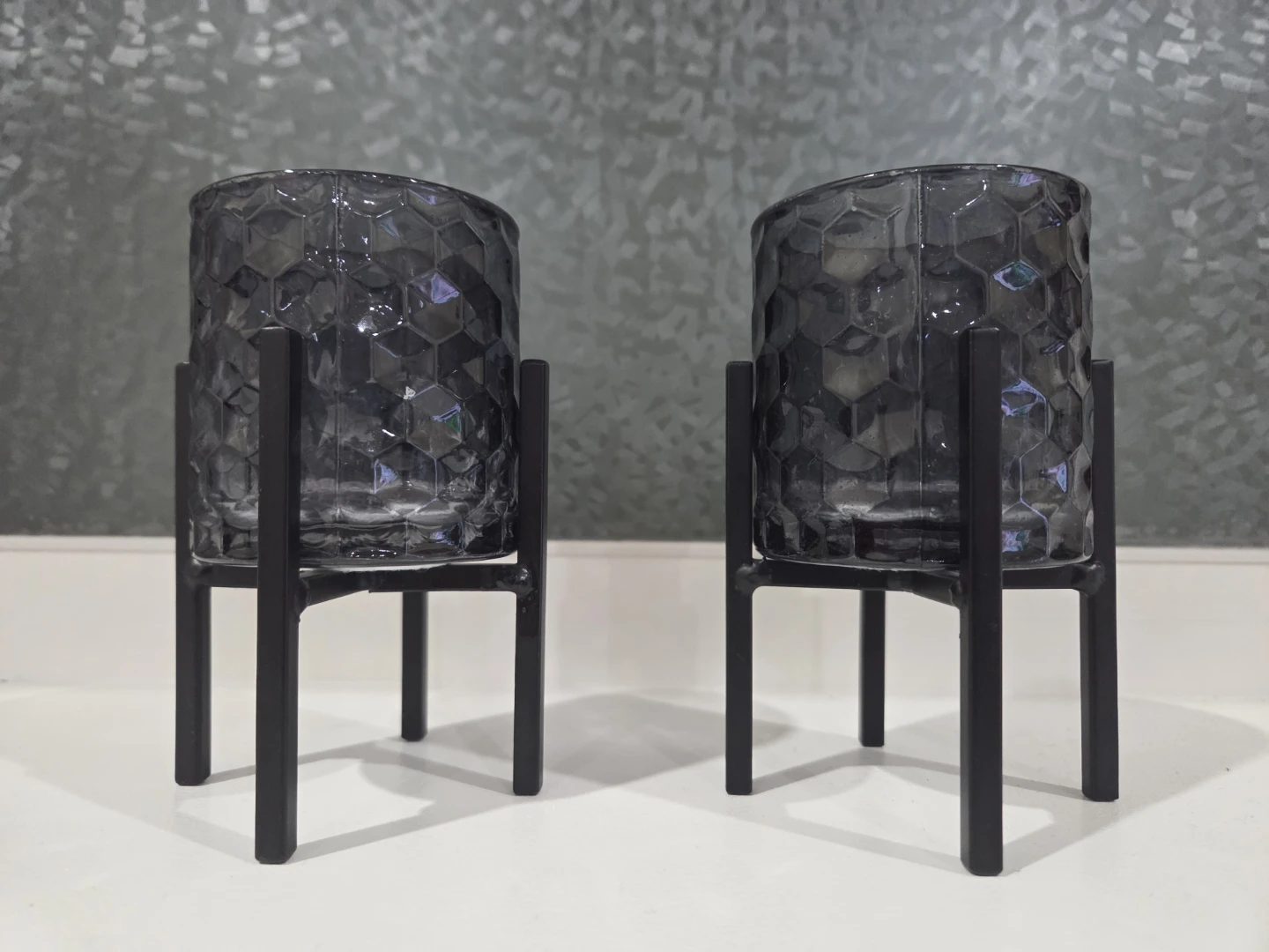 Set of 2 Grey Geometric Glass Candle Holders