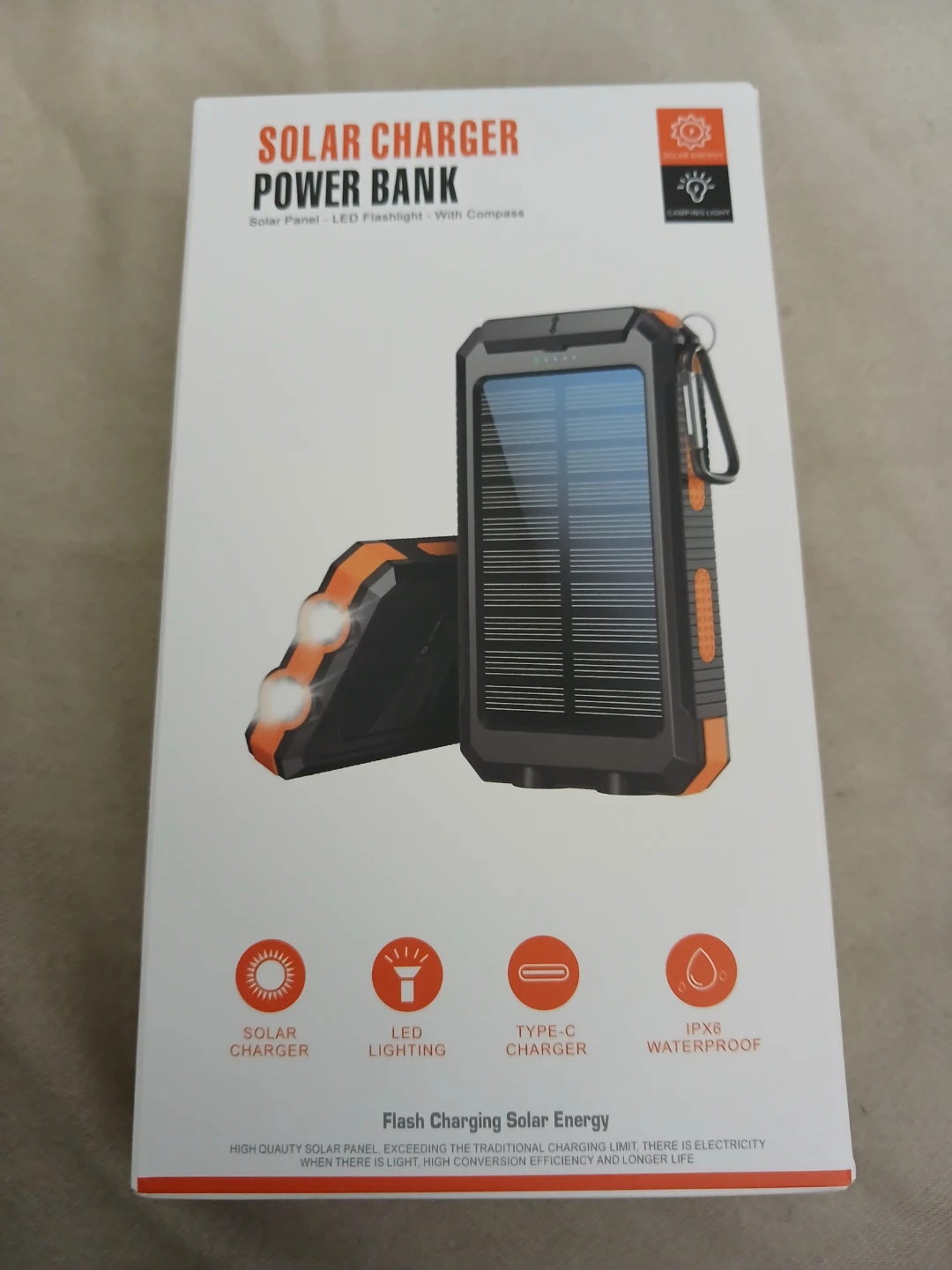 Solar Charger Power Bank With LED Flashlight And Compass