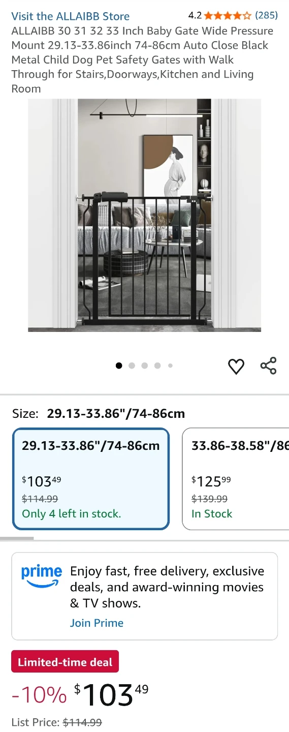 Baby Gate Wide Pressure Mount 29.13-33.86inch 74-86cm