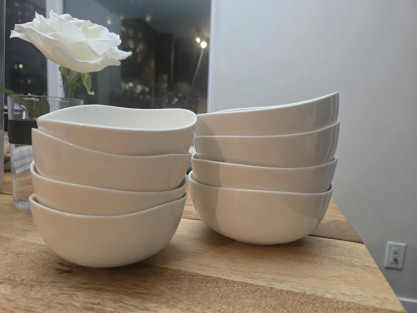 White Wavy Design Rice & Soup Bowl Set (8 Pieces)
