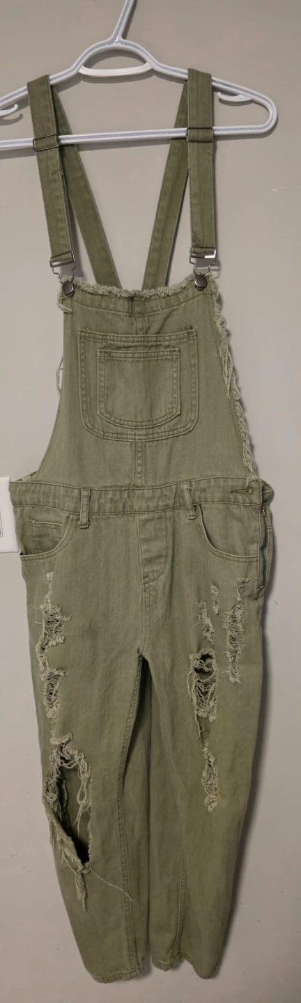 Olive Green Distressed Paper Heart Denim Overalls
