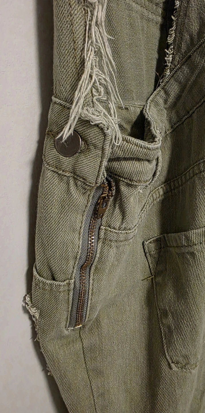 Olive Green Distressed Paper Heart Denim Overalls - photo 3