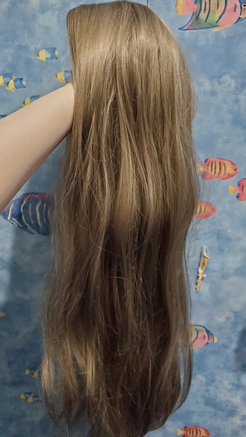 Long light ash brown synthetic wig without fringe - photo 5