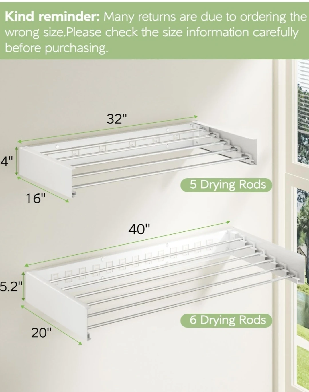 Wall Mounted Clothes Drying Rack - 6 Rods, White - photo 2