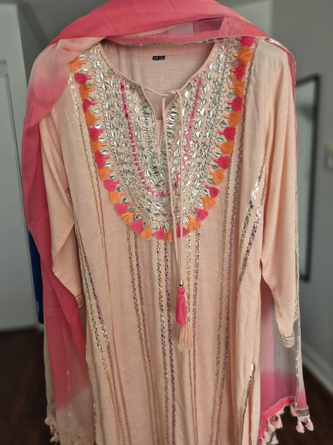 Peach Embroidered Kurti with Pink Ombre Dupatta and Pants