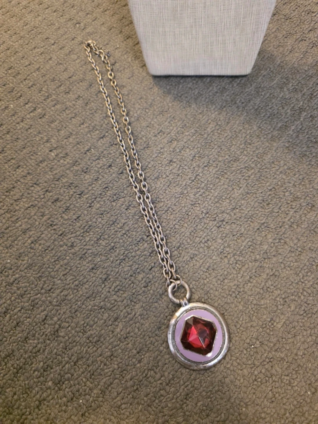 Silver Tone Pendant Necklace with Purple Red Gem - photo 3