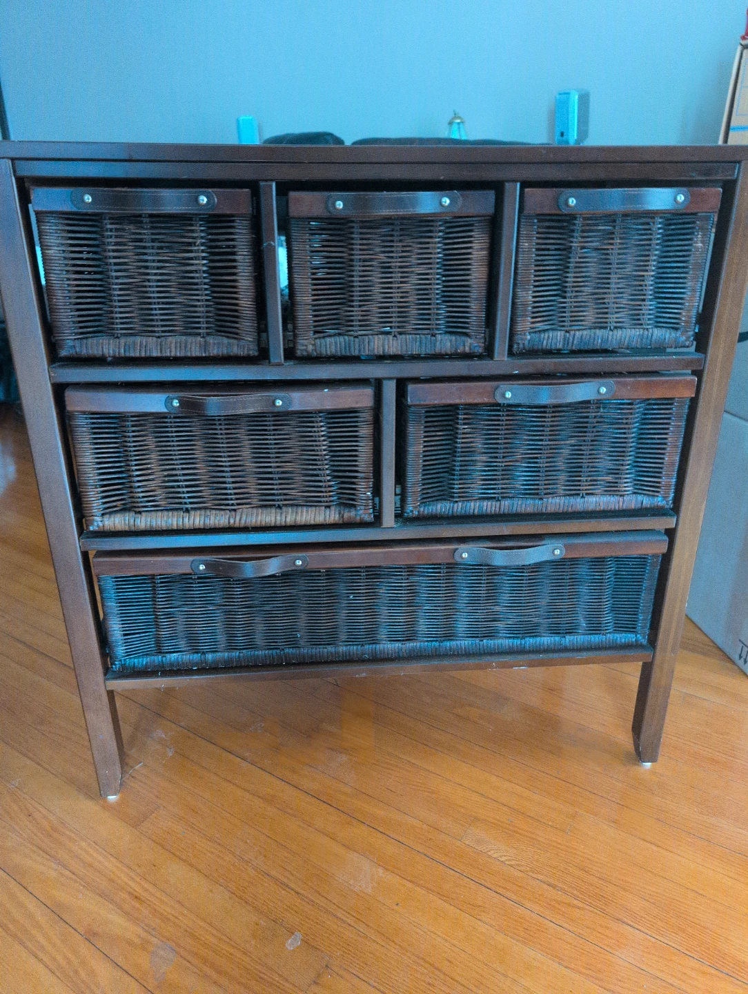 Dark Wood Chest of Drawers with Wicker Baskets