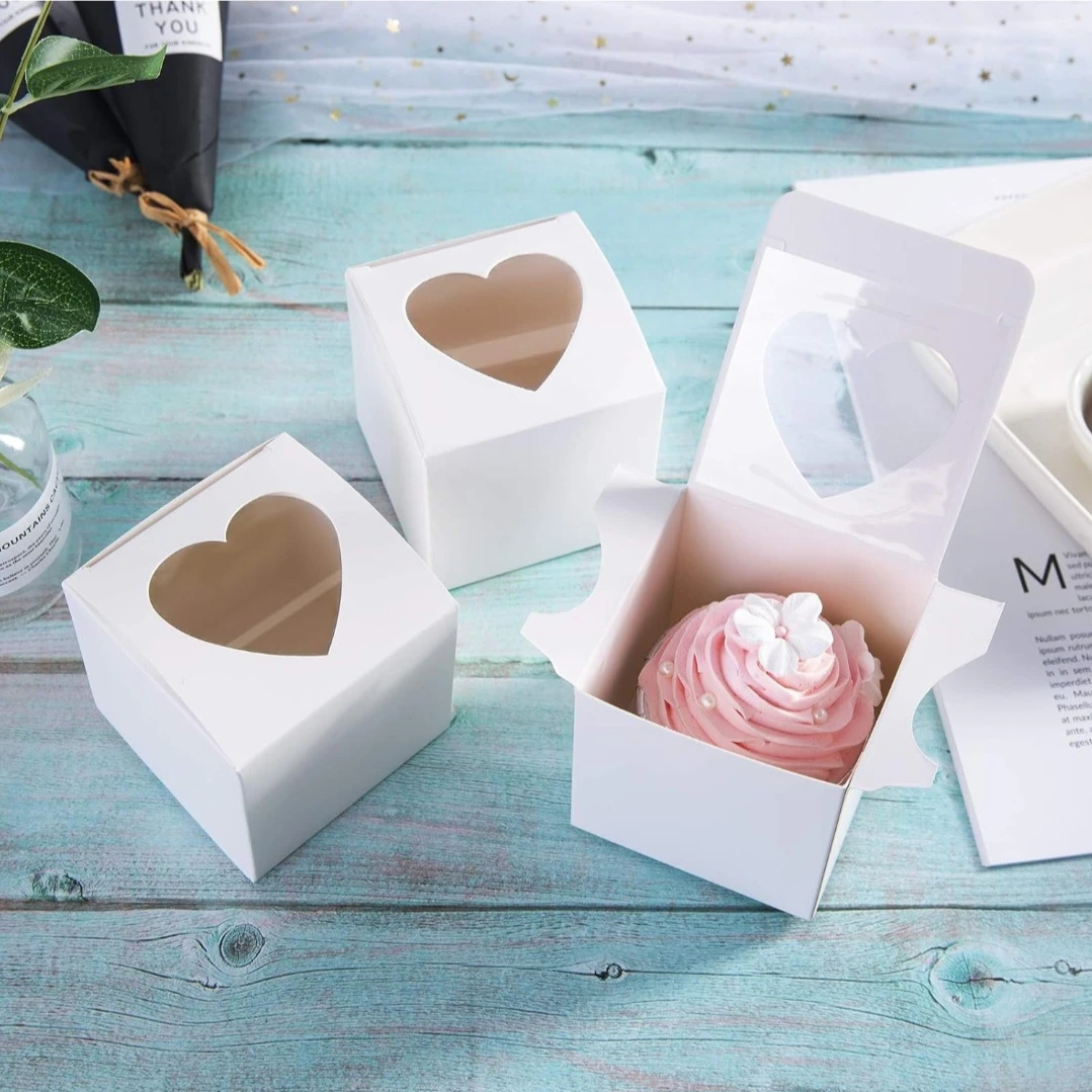 White Cupcake Boxes with Heart Window (Set of 3) - photo 3