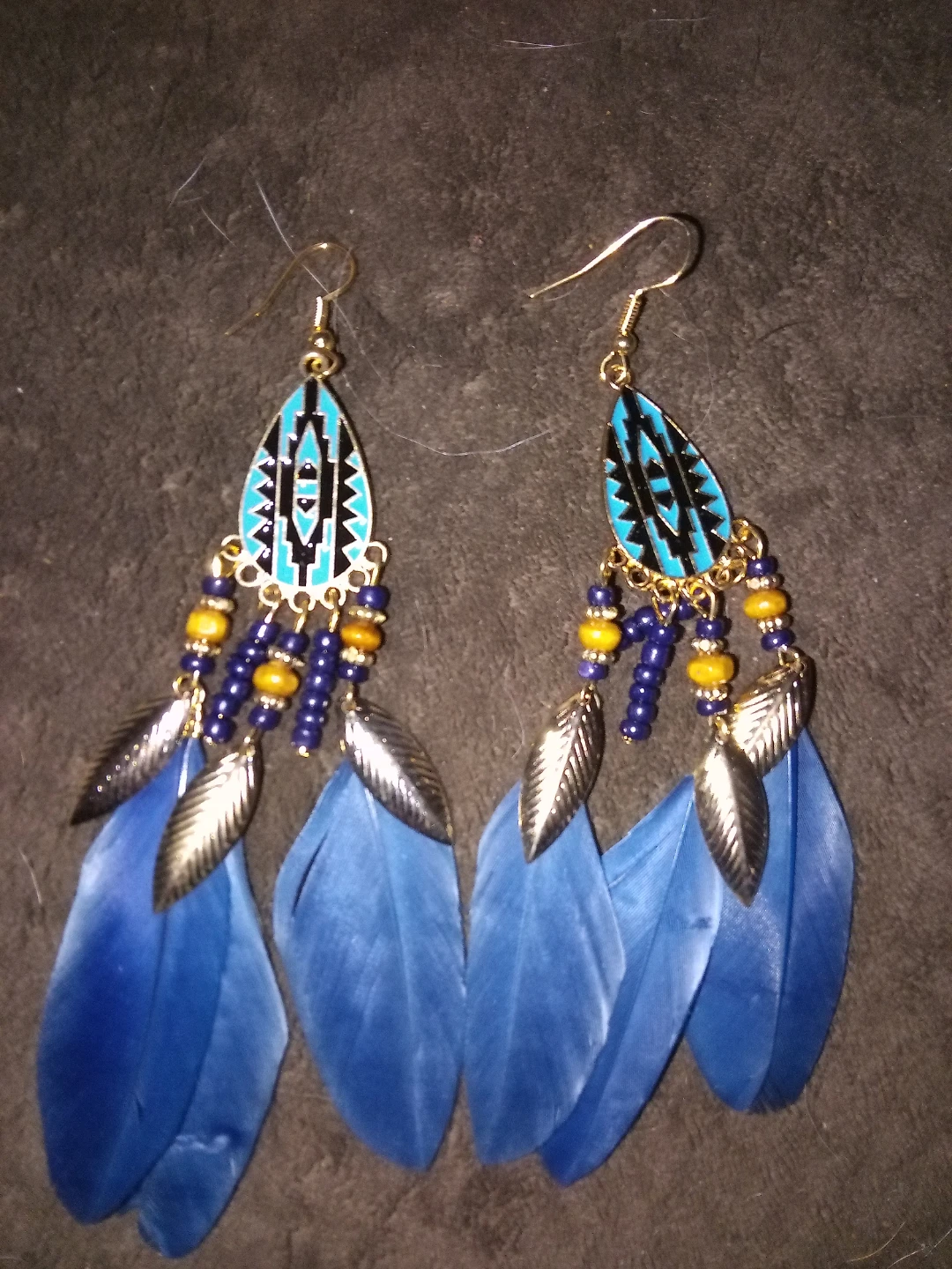 Boho Feather Earrings with Blue Feathers and Beads