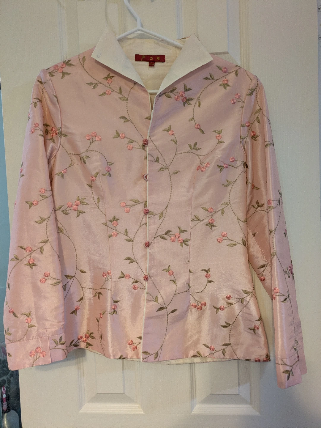 Pink Embroidered Silk Button-Up jacket