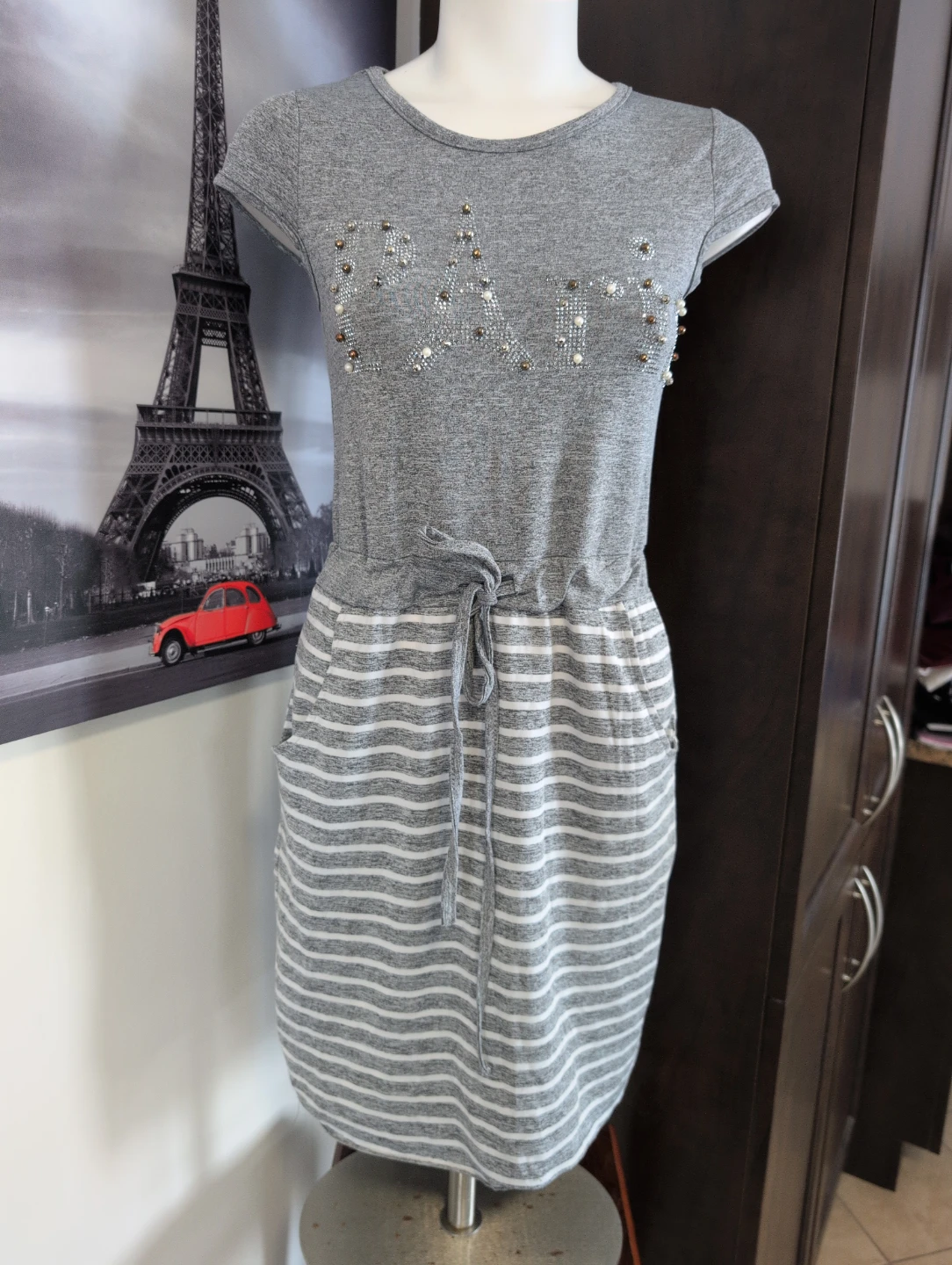 Grey Marled Knit Dress with Embellished Logo and Stripes