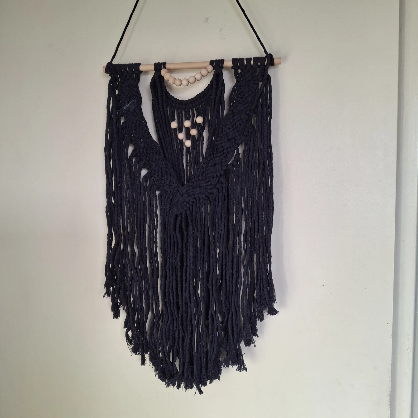 Navy Macrame Wall Hanging with Wooden Beads