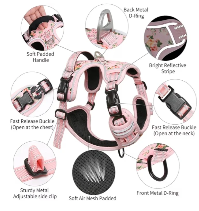 NEW!   Dog Harness Set - Pink Floral Print, Medium - photo 4