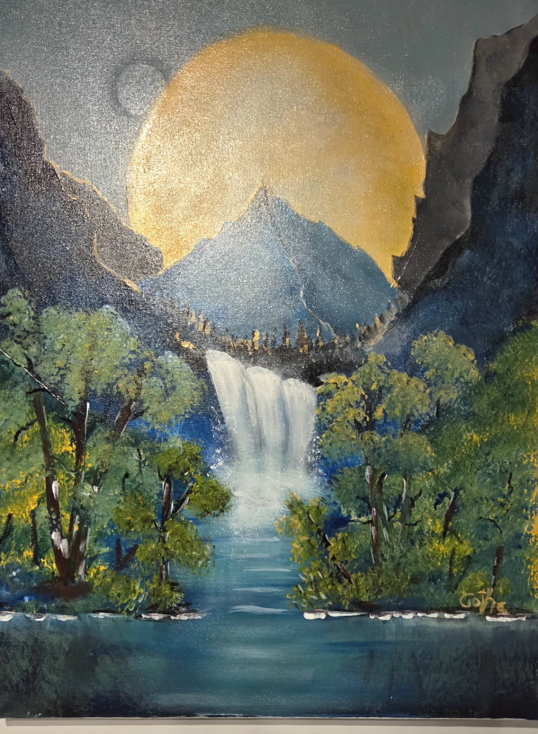 Original Landscape Painting: Waterfall and Golden Sun