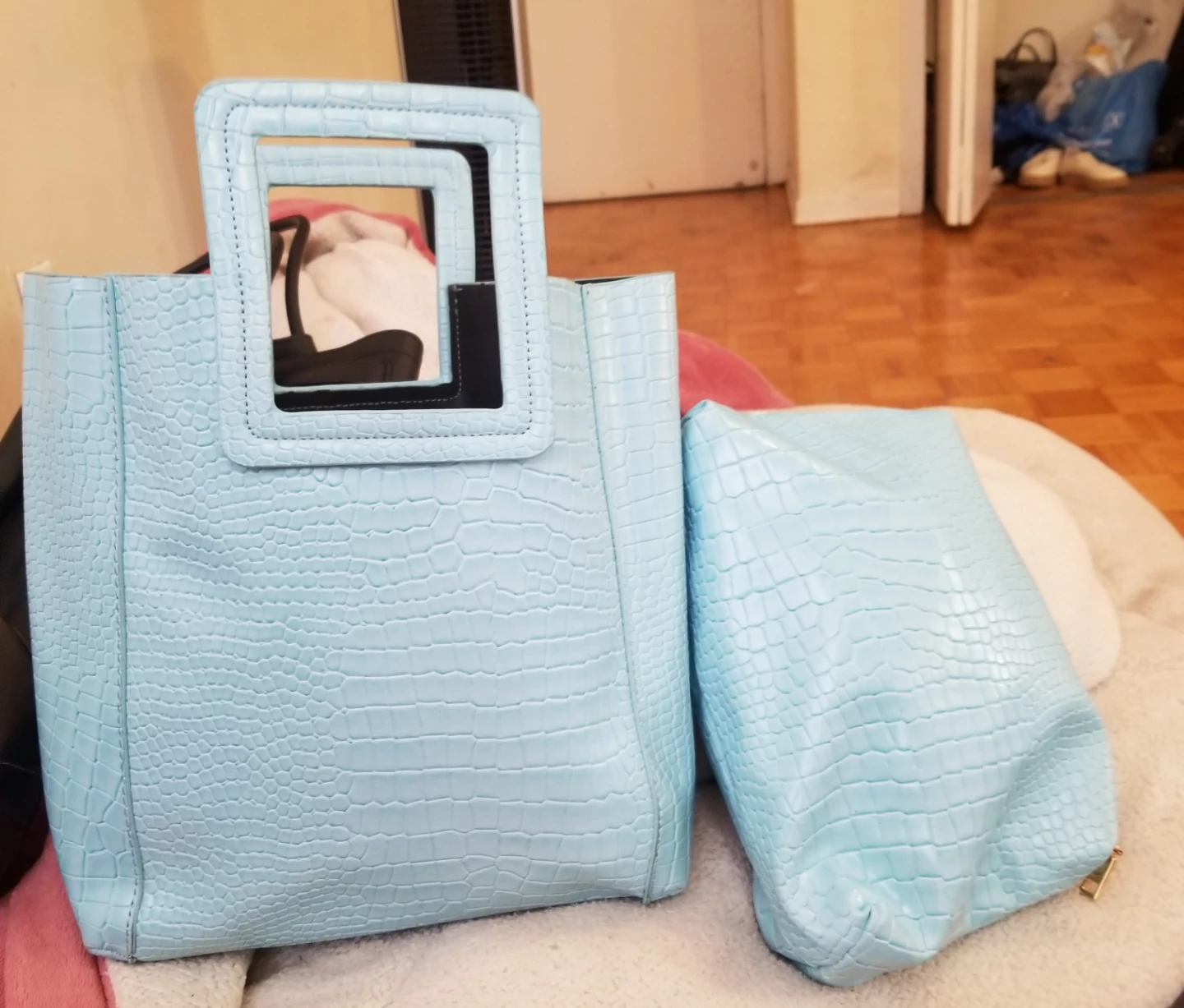 Baby Blue Faux Croc Tote Bag with Matching Pouch