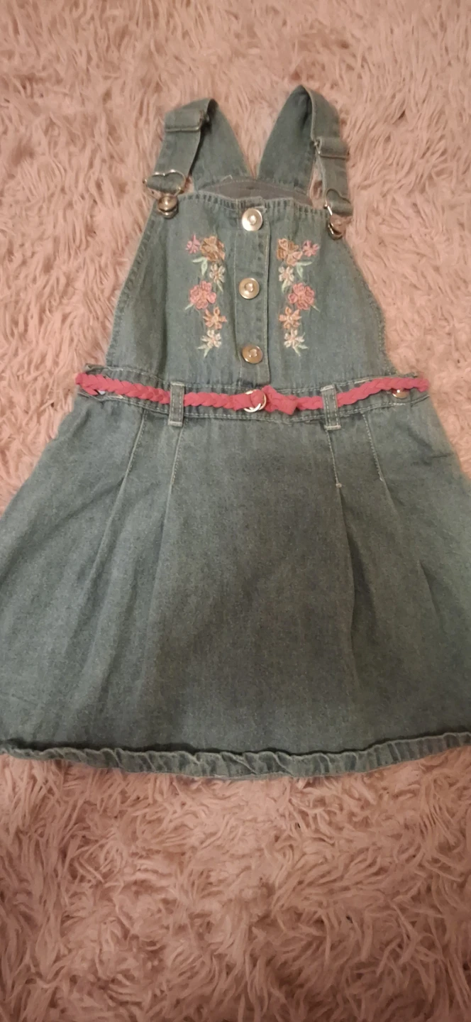 Girls Denim Overalls Dress with Floral Embroidery