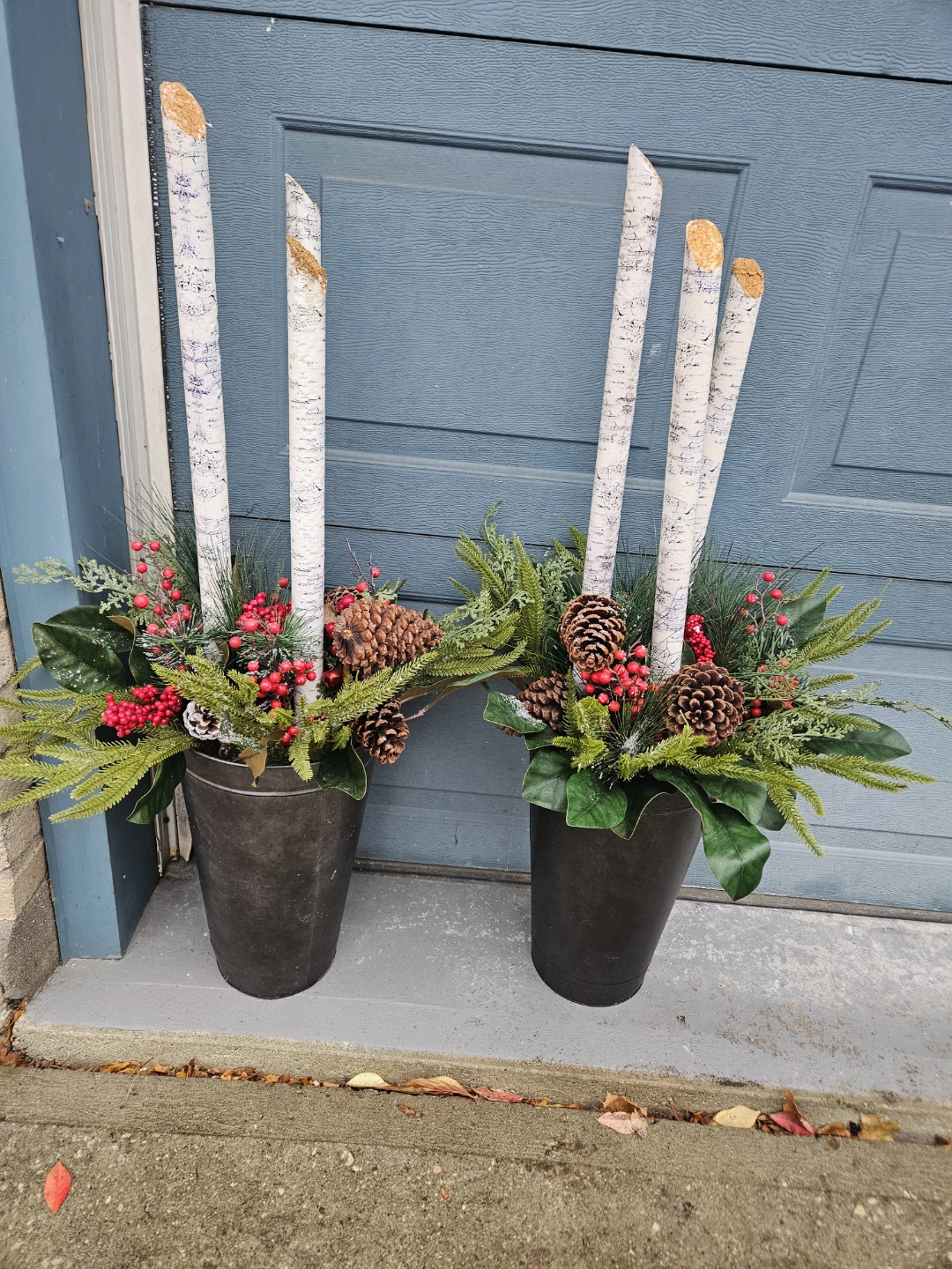 Pair of Rustic Winter Birch & Pinecone Planters