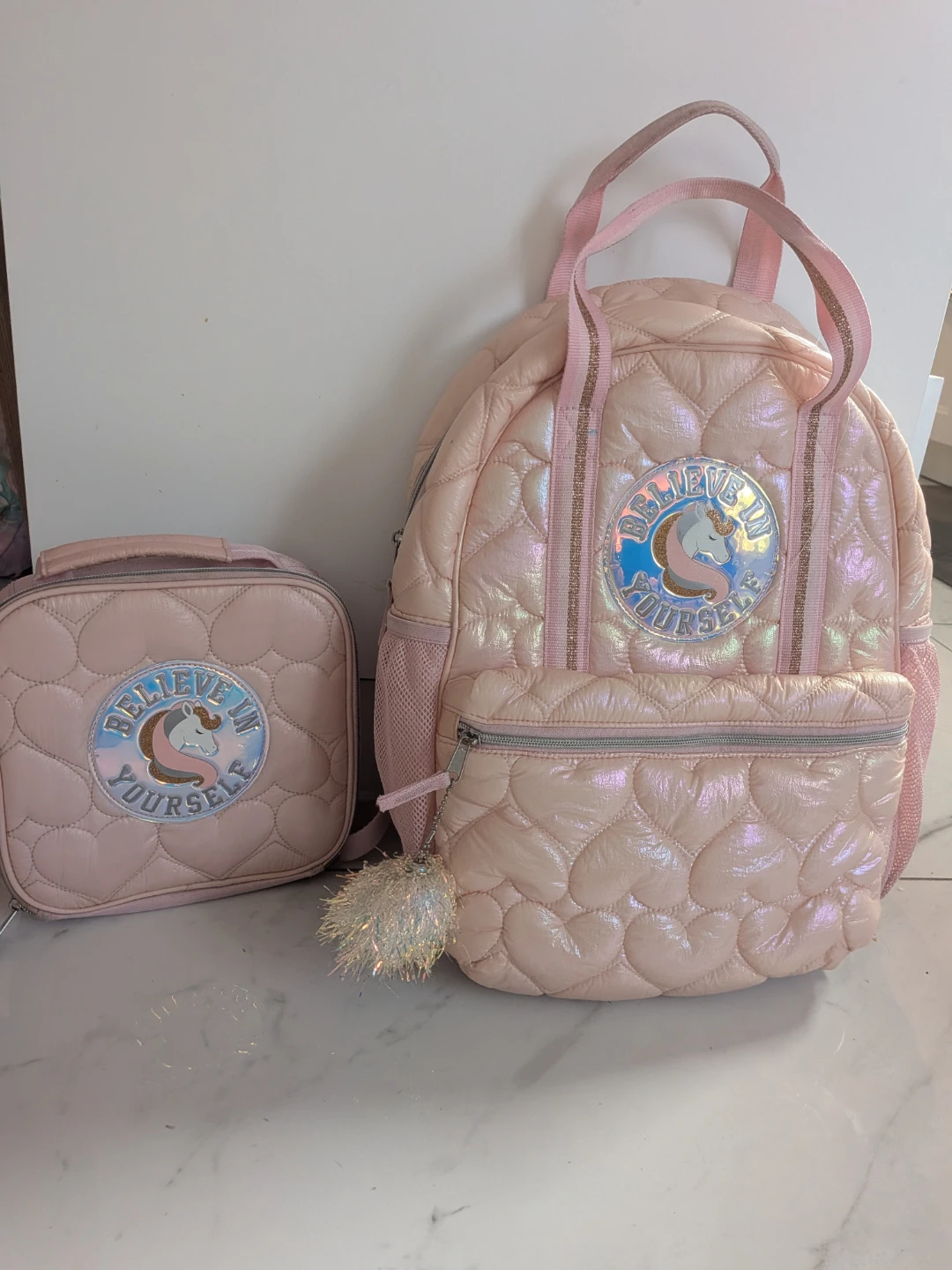 Pink Quilted Unicorn Backpack and Lunch Bag Set