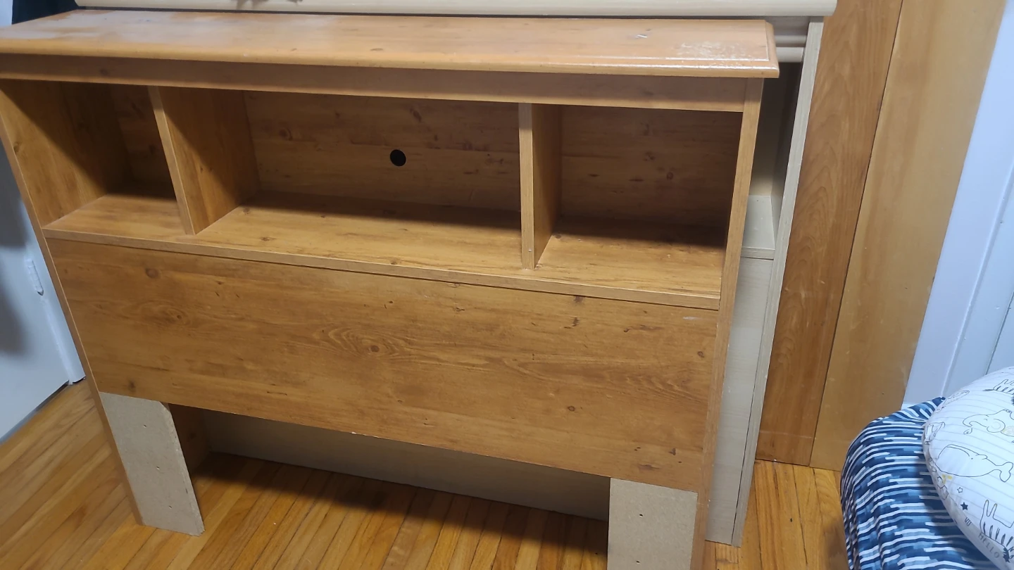 Wooden headboard with shelves