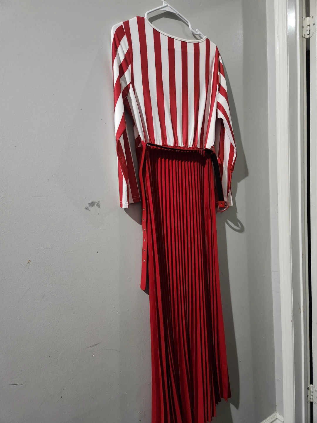 Red and White Striped Pleated Dress with Belt - photo 4