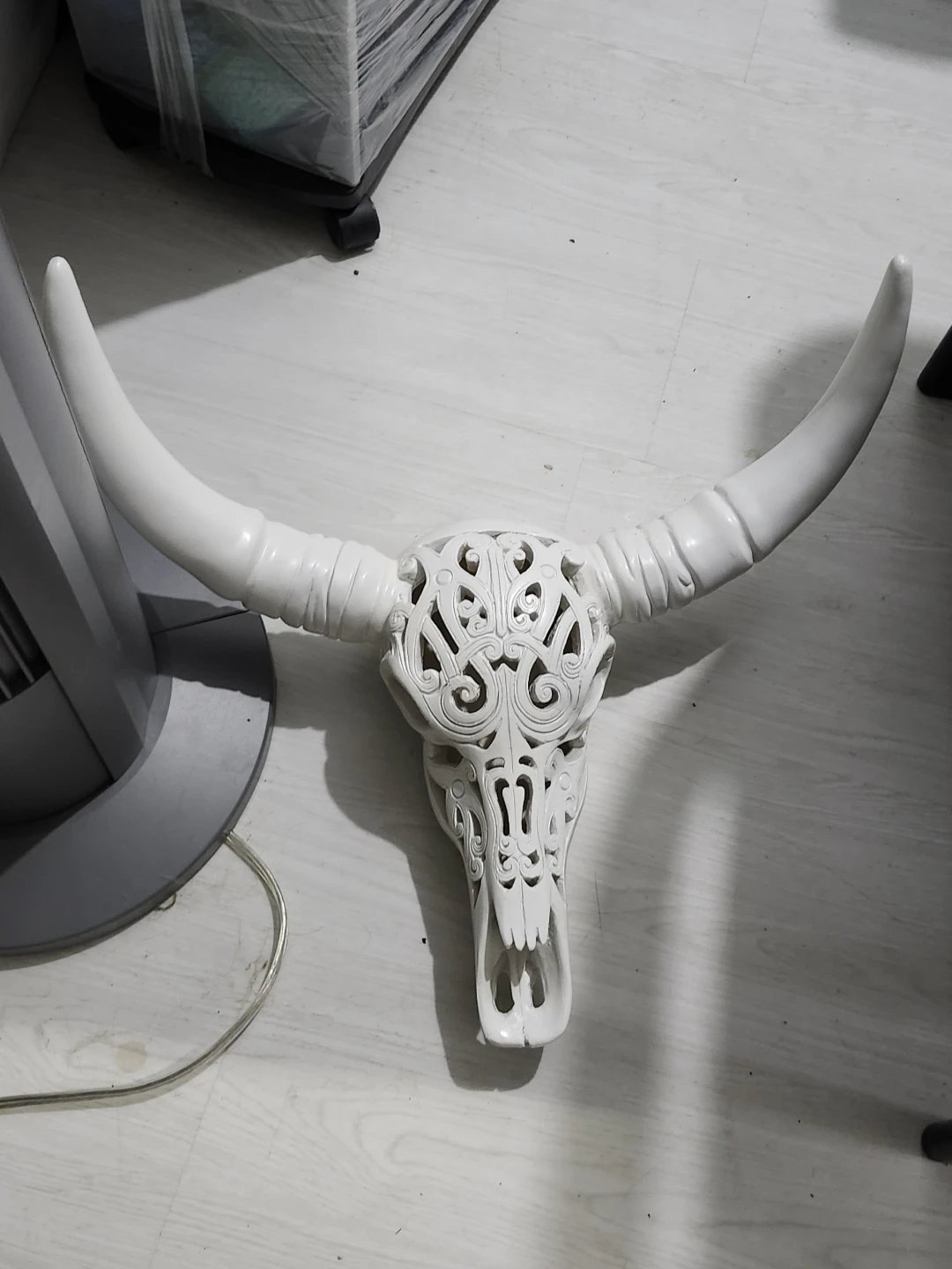 Ornate resin Carved White Bull Skull Decor