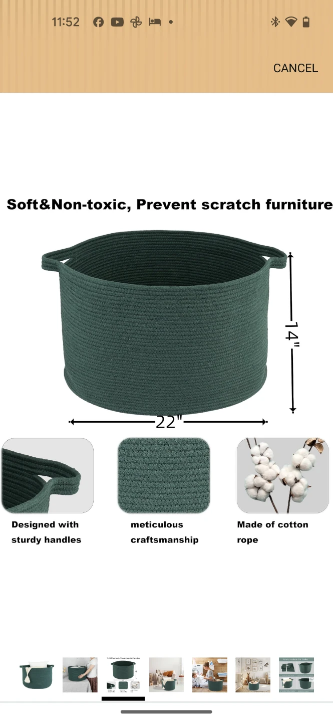 XUANGUO Large Cotton Rope Basket - 22"x14" Dark Green - photo 3