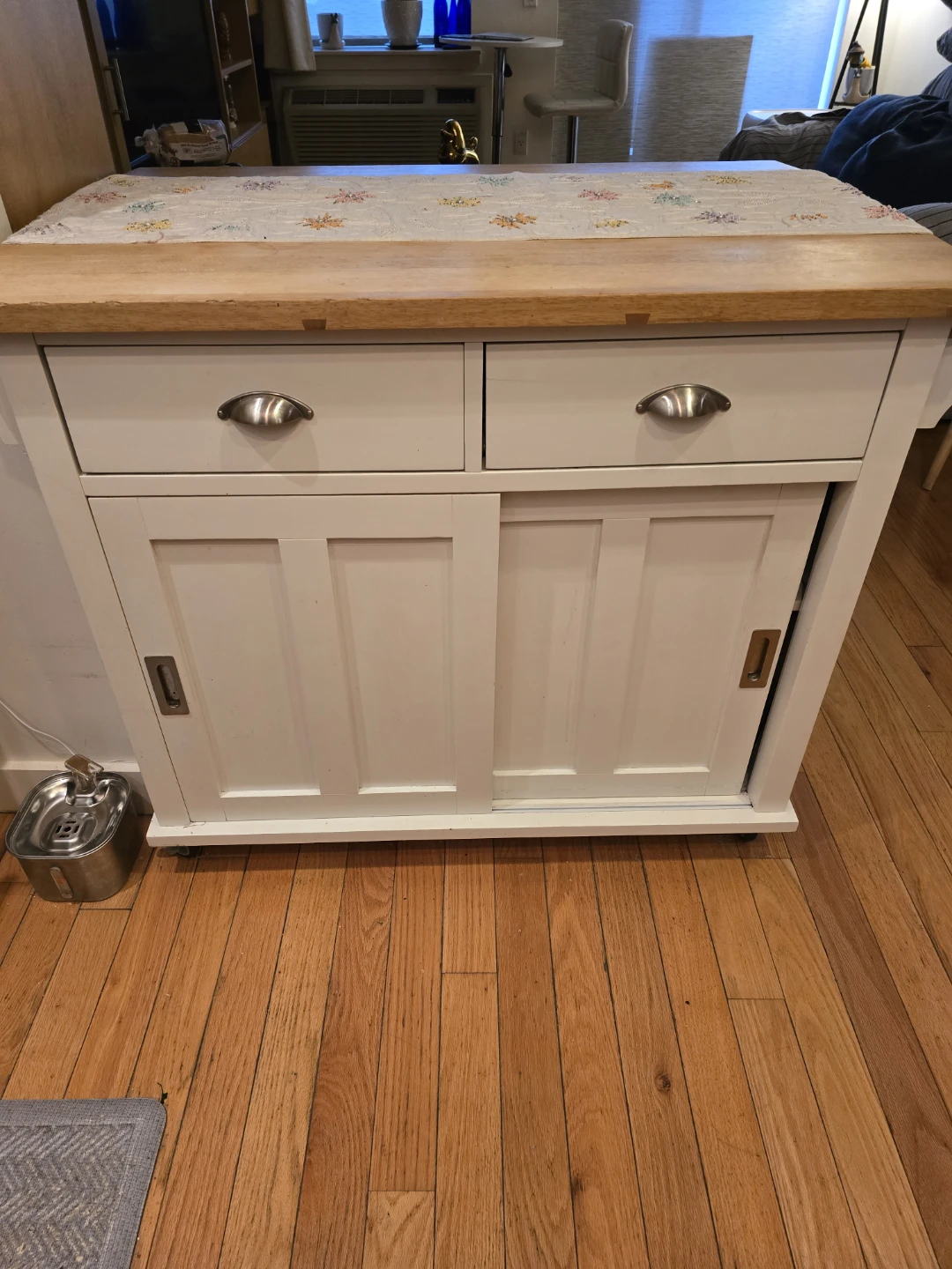 White Kitchen Island Cart with Sliding Doors and Drawers - photo 3