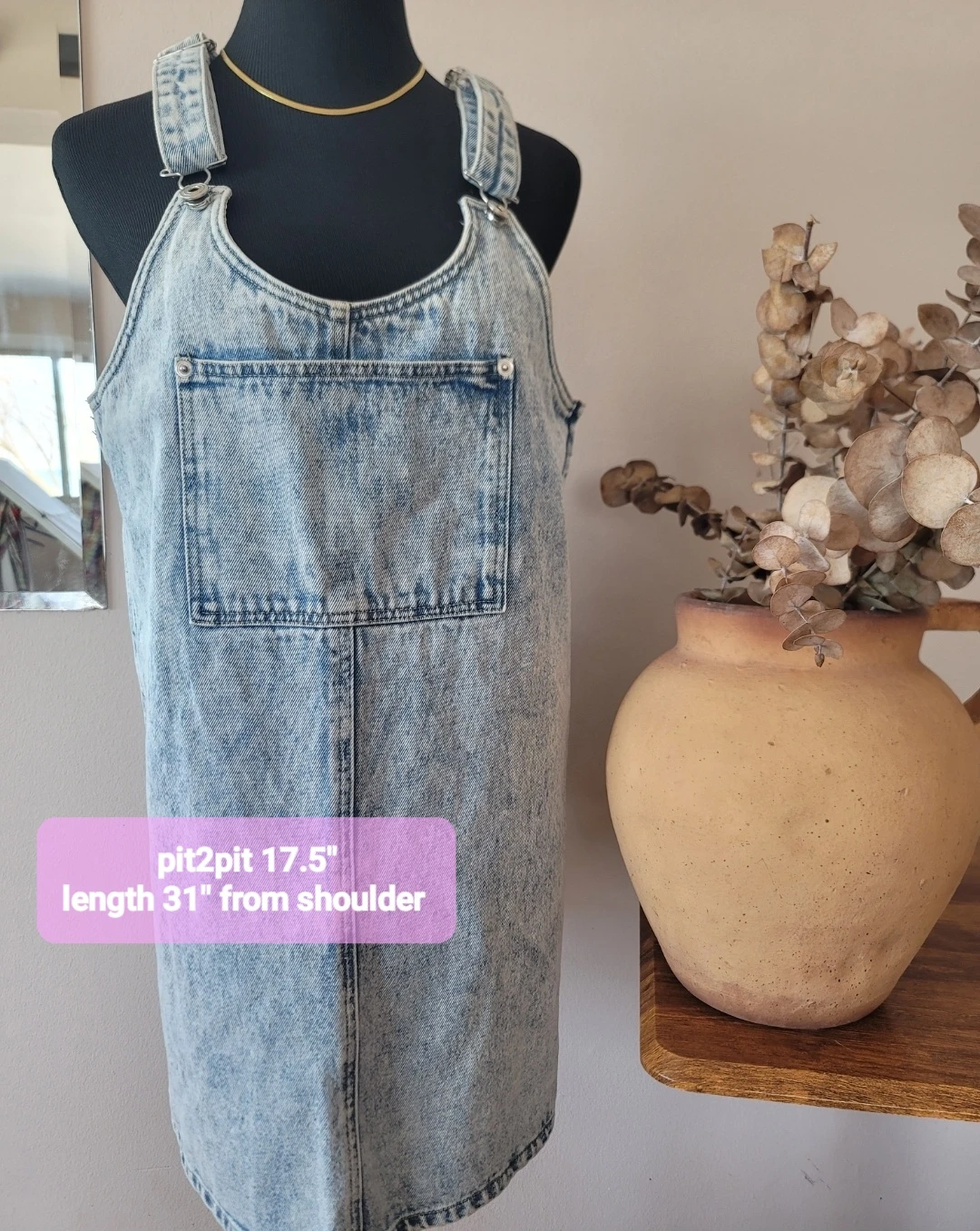 Acid Wash Denim Pinafore Overall Dress Cotton Sz M Retro Minimal - photo 3