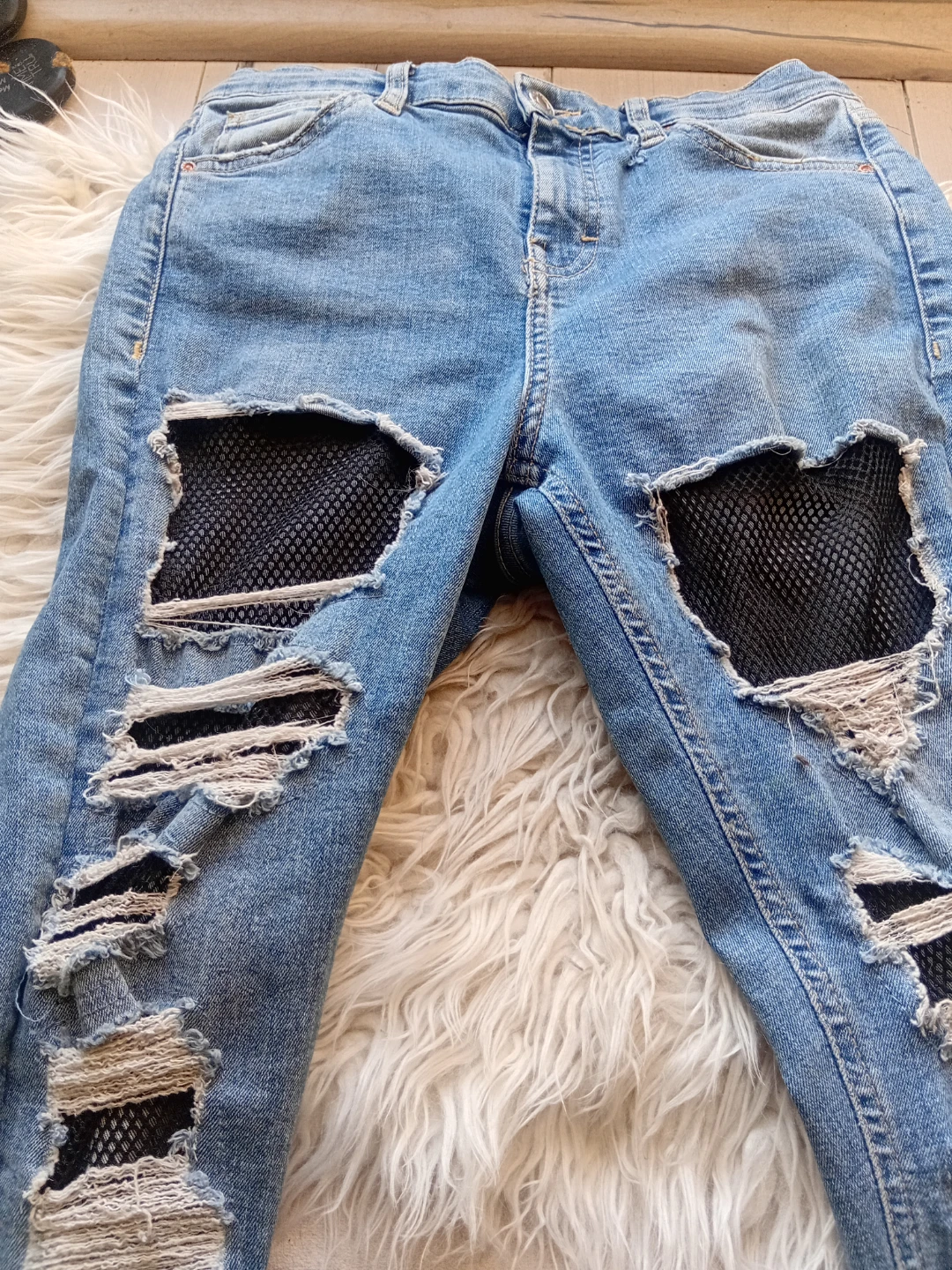 Ripped Denim Jeans with Mesh Underlay