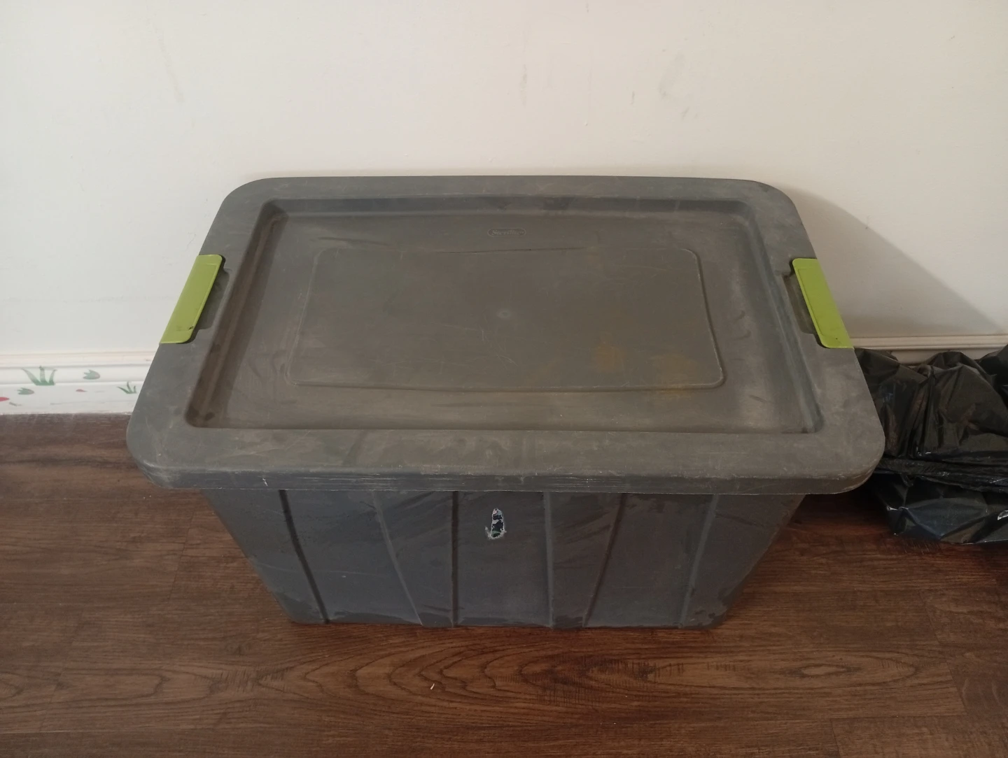Grey Plastic Storage Bin with Green Latches
