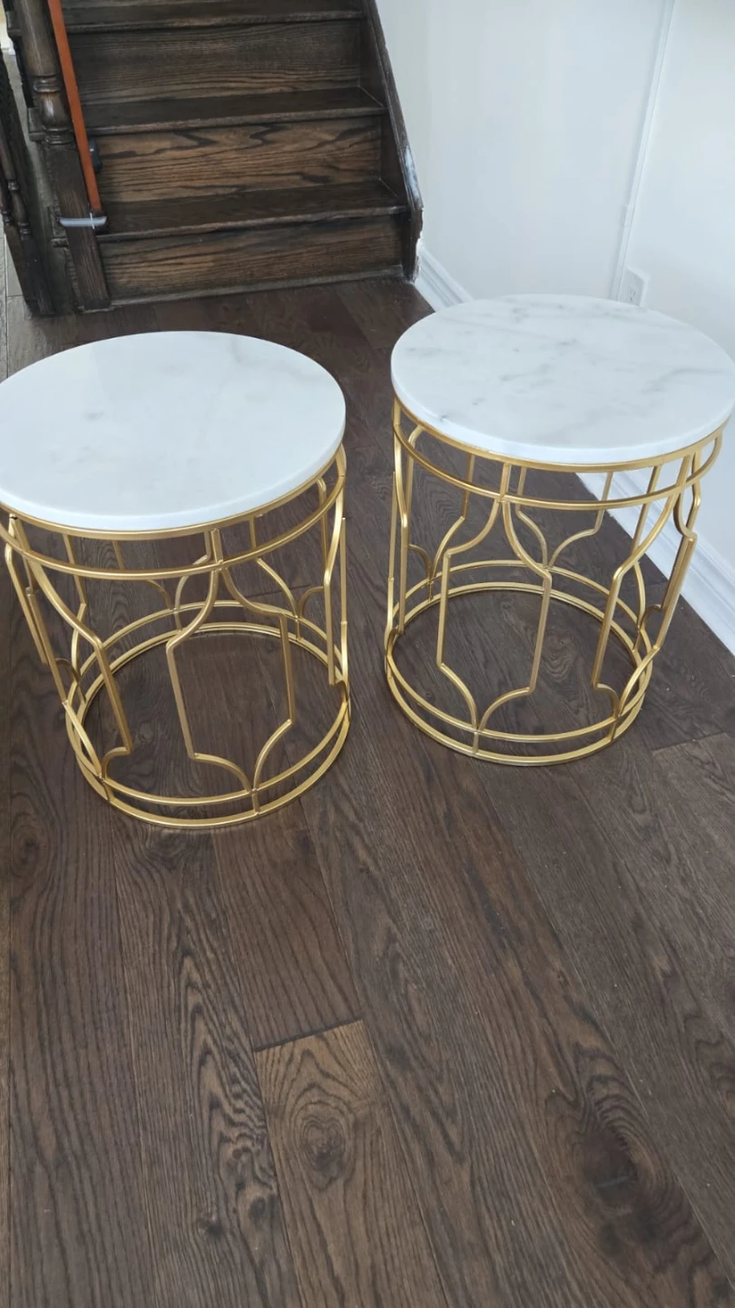 Set of 2 Round Marble Top Side Tables with Gold Metal Bases