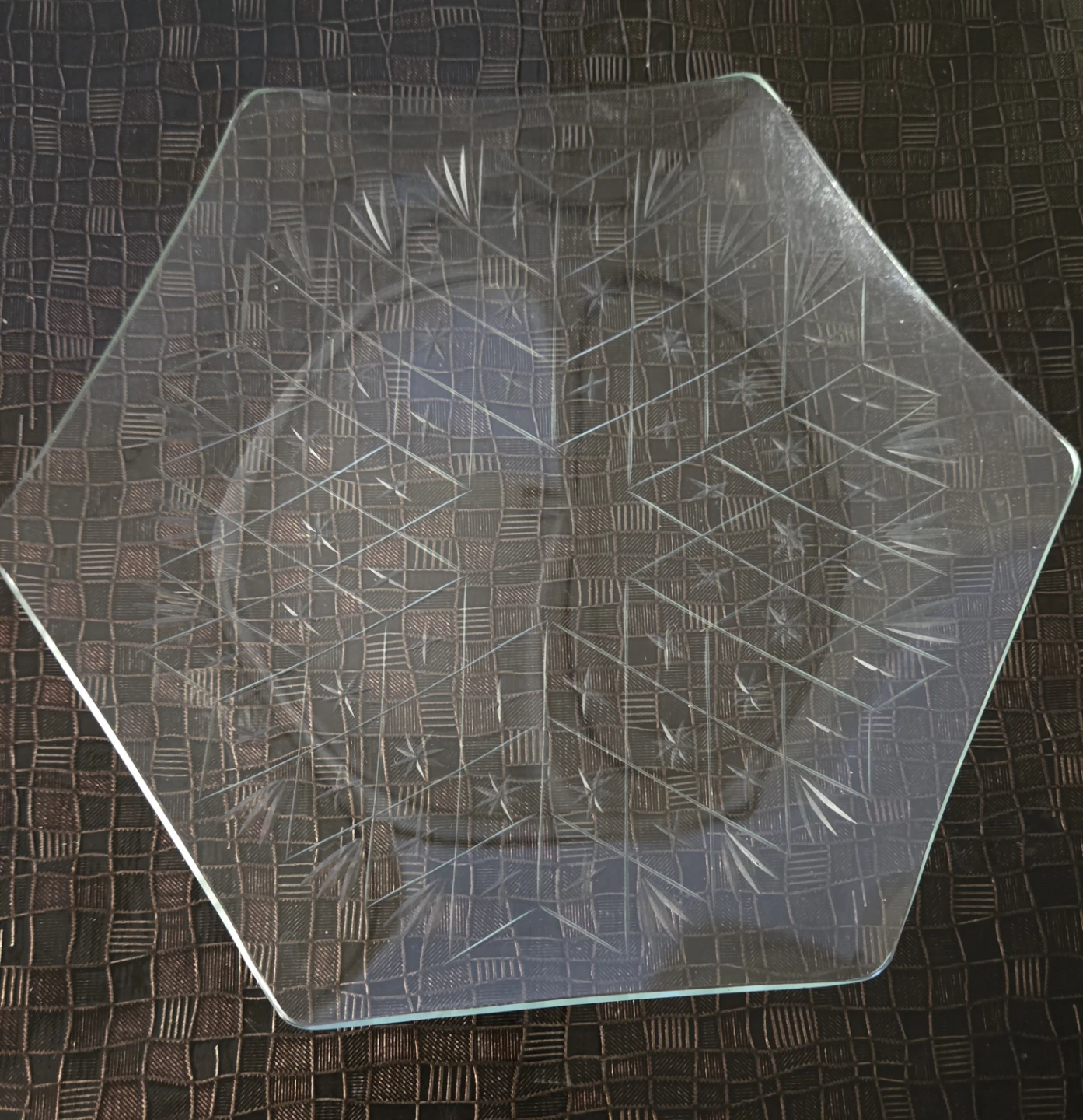 Set of 5 Hexagonal Glass Plates with Etched Design