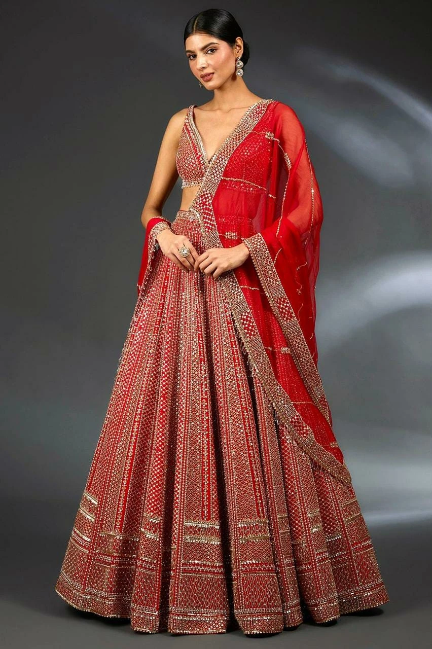 Red Embellished Lehenga with Blouse and Dupatta🏆