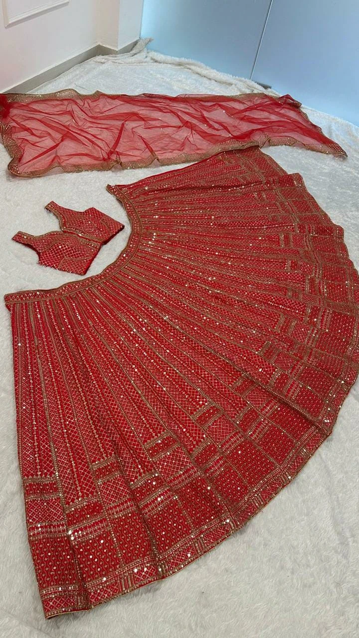 Red Embellished Lehenga with Blouse and Dupatta🏆 - photo 3