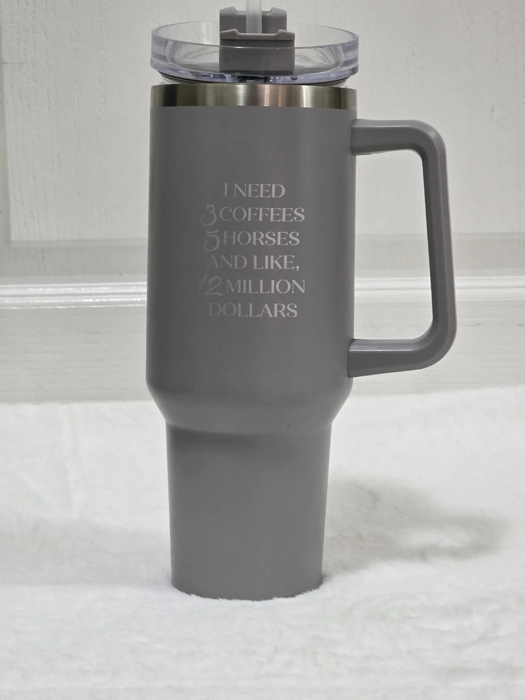 Grey Tumbler with Handle and Lid Equestrian Thermos