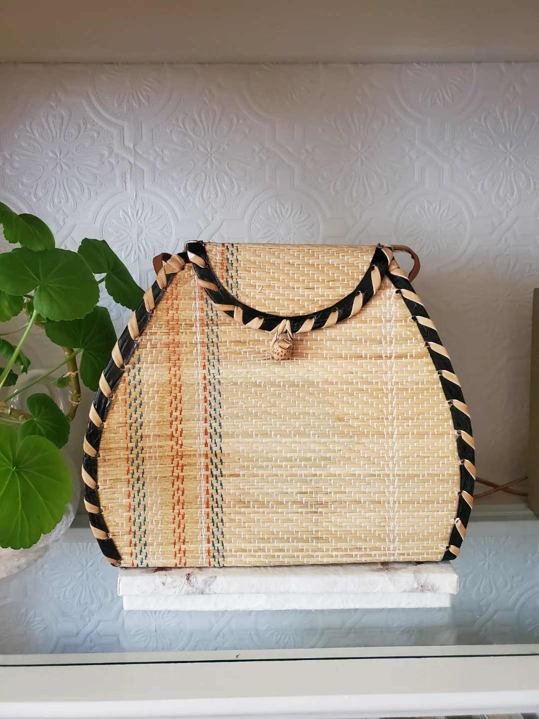 Woven Wicker Handbag with Striped Detail