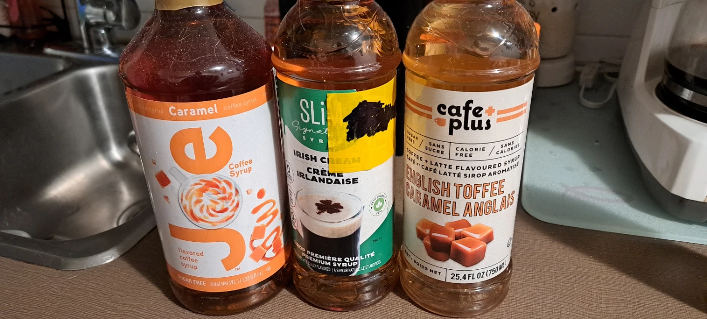 3 Flavoured Coffee Syrups: Caramel, Irish Cream, English Toffee